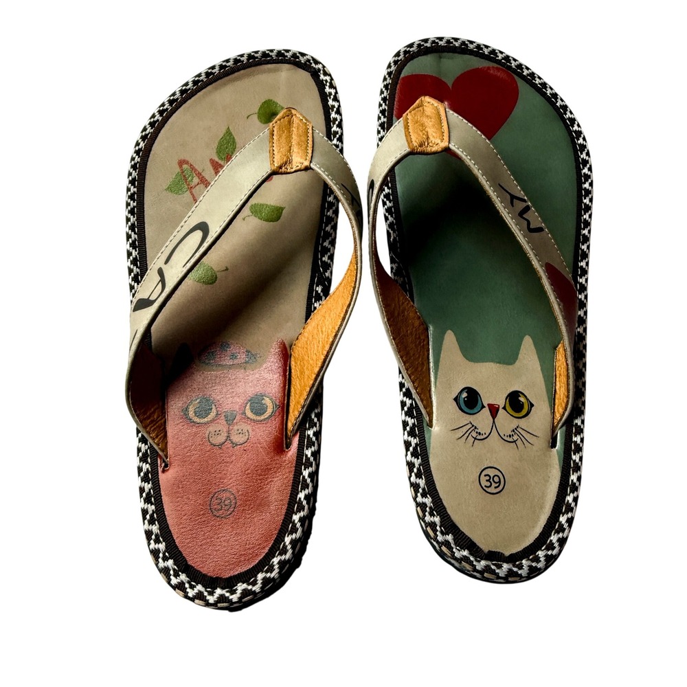 Calceo I Love My Cat Flip Flops Women 8.5 EU 39 Mint Coral Novelty Sandals